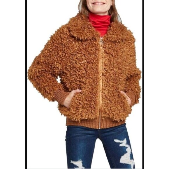 Wild Fable Womens Sherpa Bomber Jacket XS Faux Fur Camel Brown Full-Zip Stylish - Picture 1 of 10